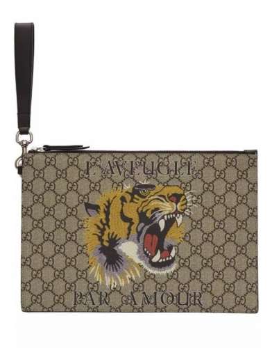 Gucci Beige GG Supreme Clutch Pouch Luxury Designer Wristlet Tiger best Deal in US.